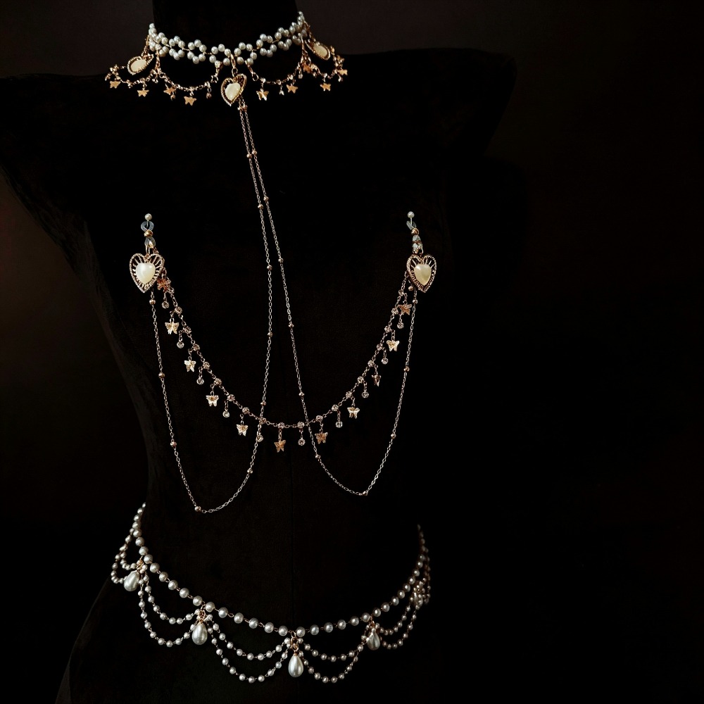 Body Jewelry Nipple Chain - Perłowy choker, łańcuszek na ciało, zawieszka