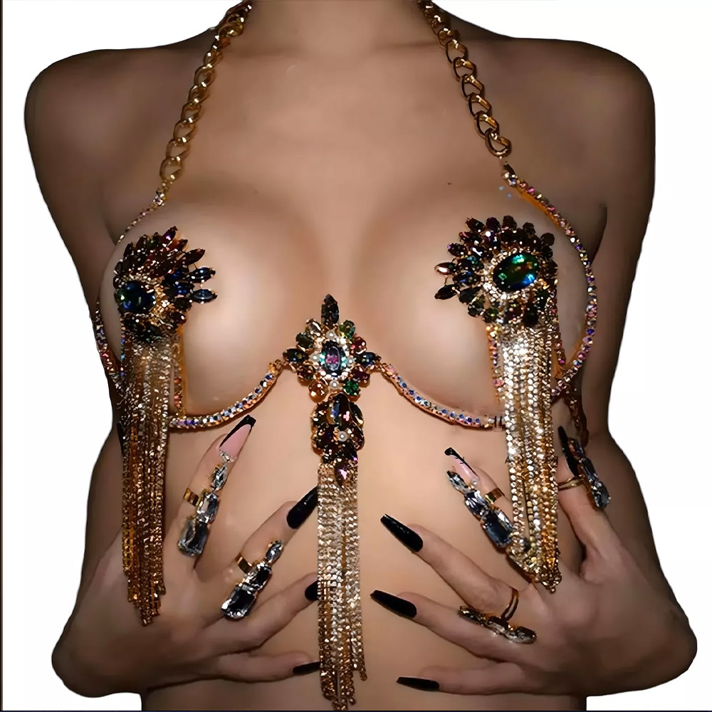 Body Jewelry Nipple Chain - Seksowny frędzel kolorowy kryształowy łańcuszek na